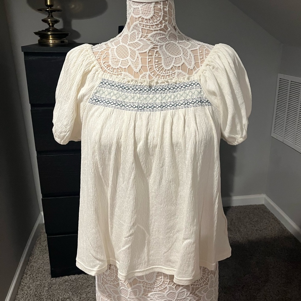 Madewell White Smocked Peasant Top size M